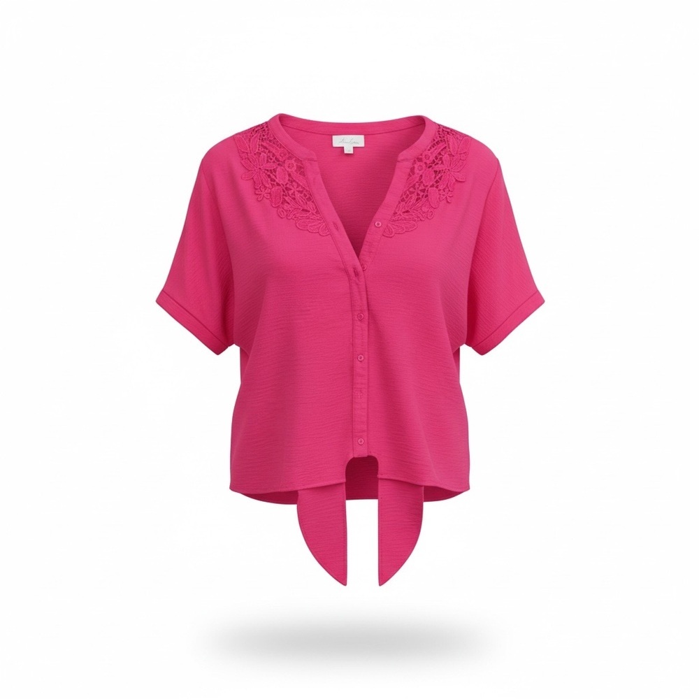 Anneleise Hot Pink Lace Yoke Tie-Front Top | Short Sleeve | Size L - Picture 3 of 7